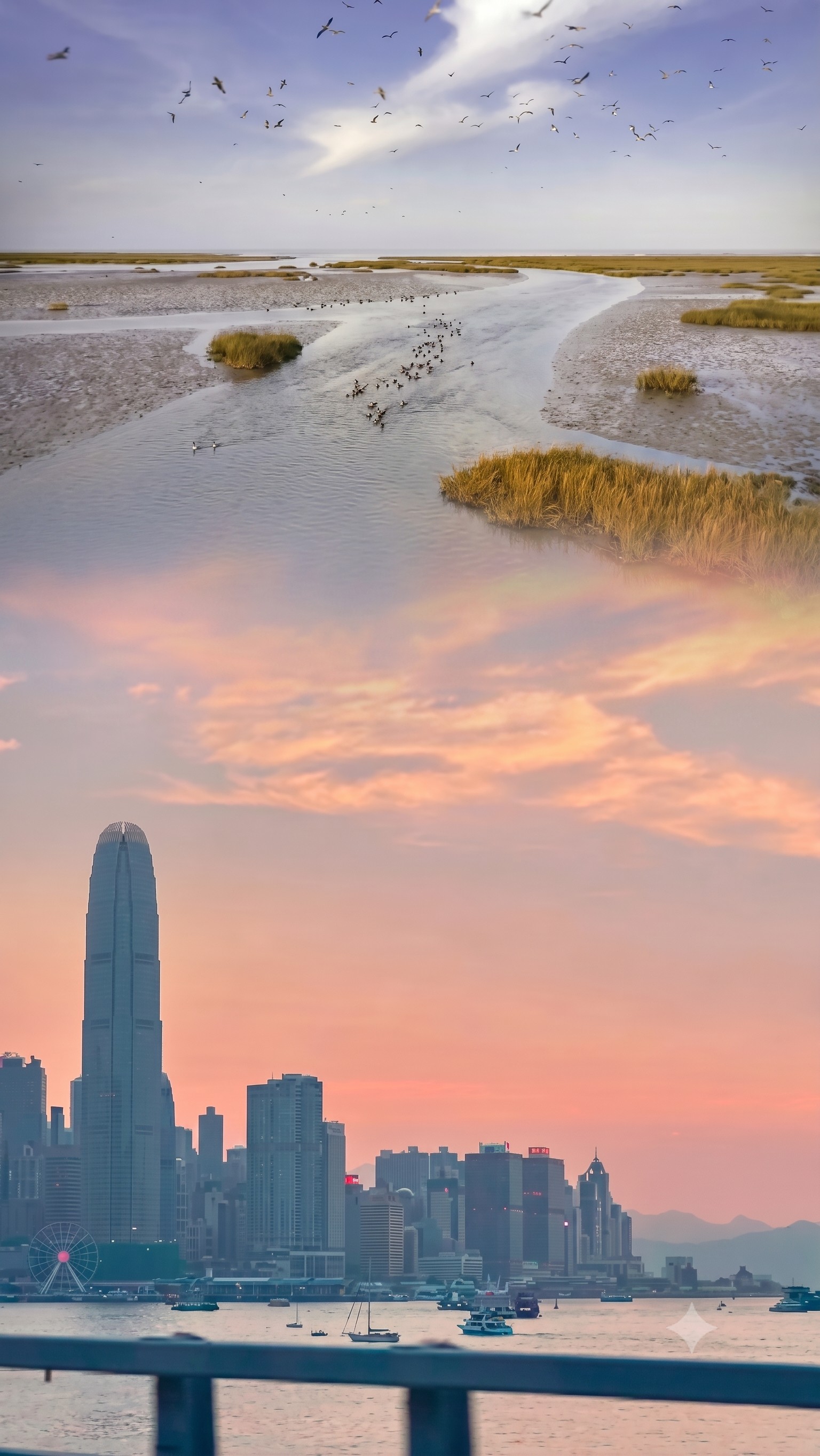 Hong Kong skyline at dusk with wetlands and city towers